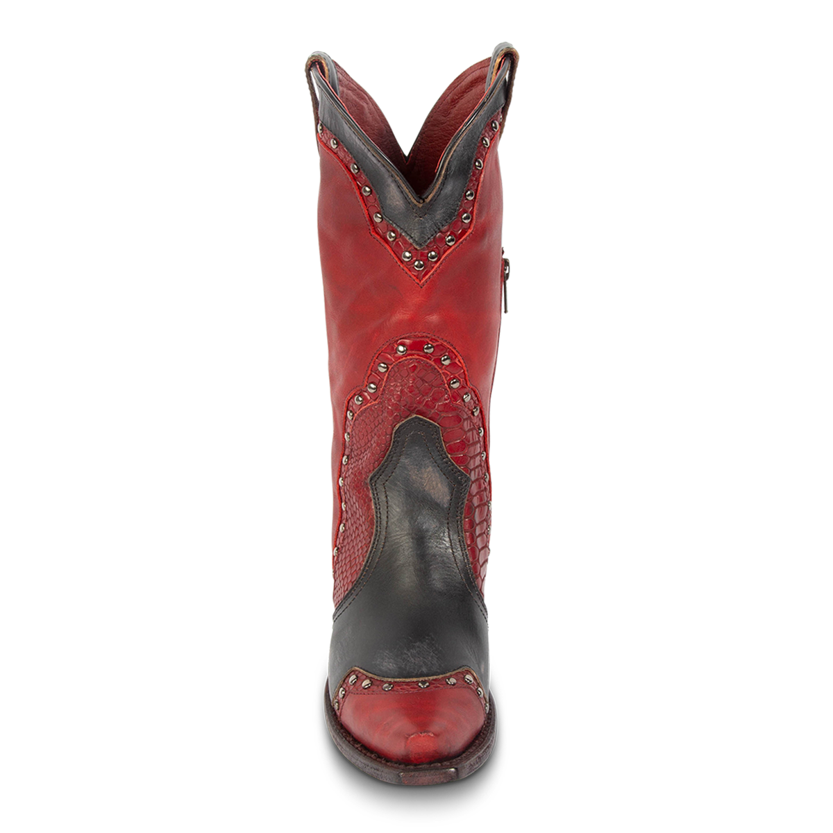 Front view showing front dip and stud detailing on FREEBIRD women's Warner red multi leather western cowboy boot