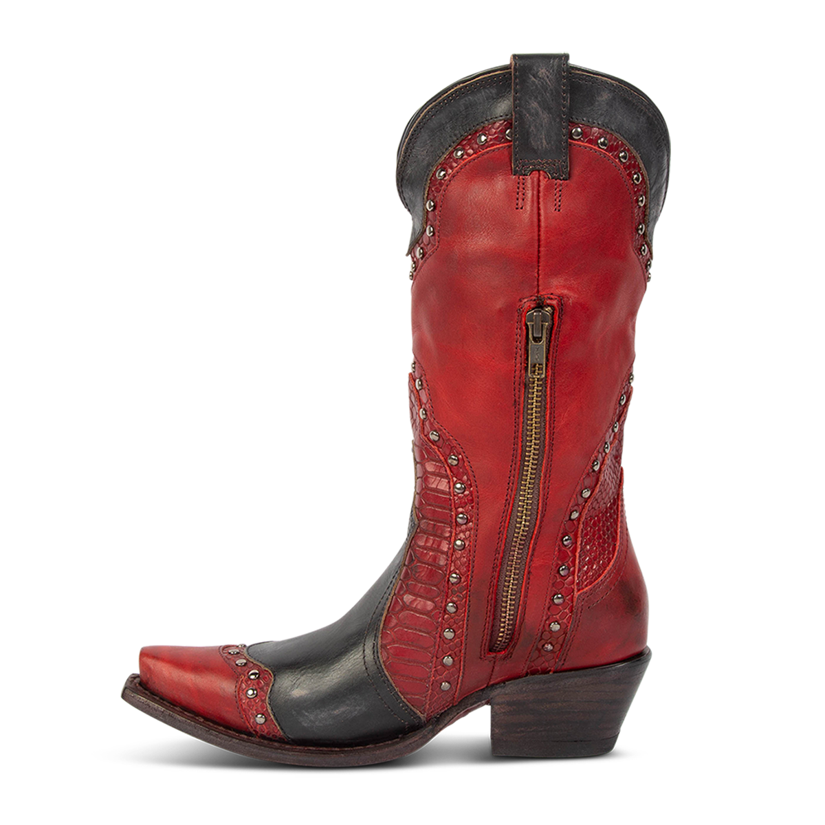 Side view showing inside zip closure and stud detailing on FREEBIRD women's Warner red multi leather western cowboy boot