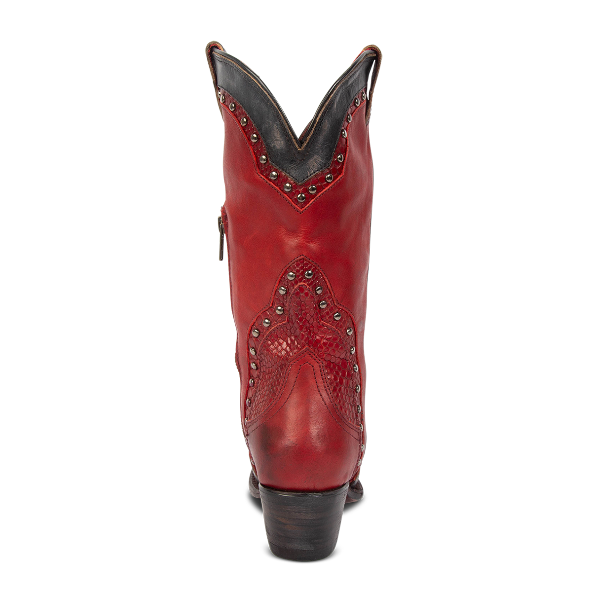 Back view showing back dip and low heel with embossed leather detailing on FREEBIRD women's Warner red multi leather western cowboy boot
