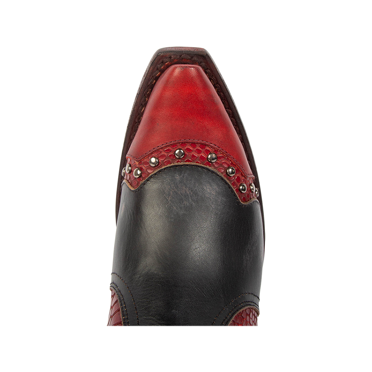 Top view showing snip toe construction with stud detailing on FREEBIRD women's Warner red multi leather western cowboy boot