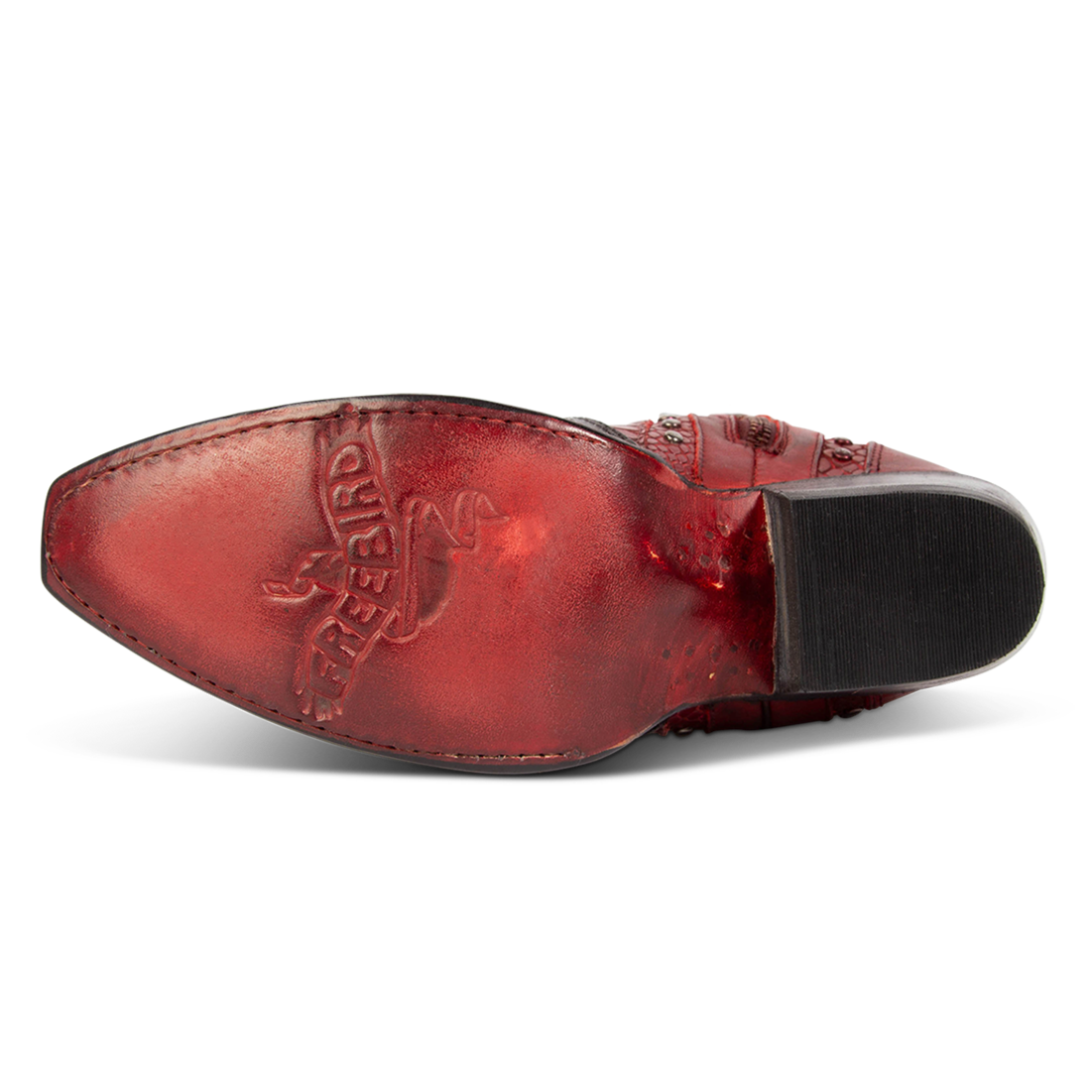 Leather sole imprinted with FREEBIRD on women's Warner red multi leather western cowboy boot