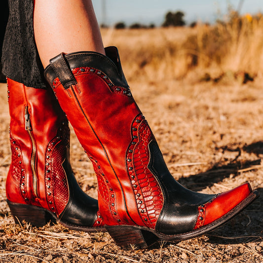 FREEBIRD women's Warner red multi leather western cowboy boot with embossed detailing and snip toe construction