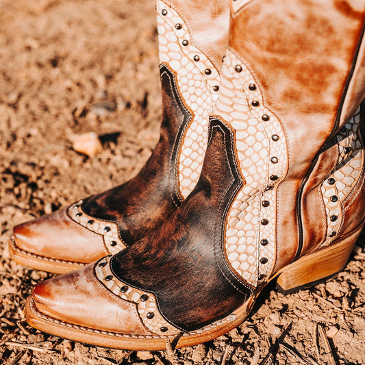 FREEBIRD women's Warner taupe multi leather western cowboy boot with embossed detailing and snip toe construction