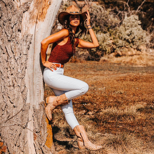 FREEBIRD women's Warrick beige ostrich multi exotic leather western cowgirl mid calf boot lifestyle image