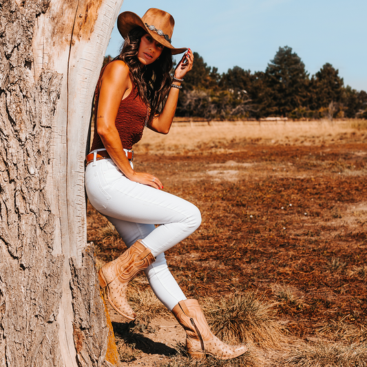 FREEBIRD women's Warrick beige ostrich multi exotic leather western cowgirl mid calf boot lifestyle