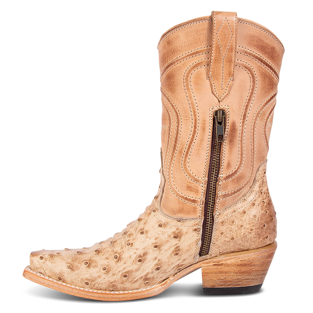 Inside view showing zip closure on FREEBIRD women's Weston beige ostrich multi exotic leather mid calf cowgirl mid calf boot