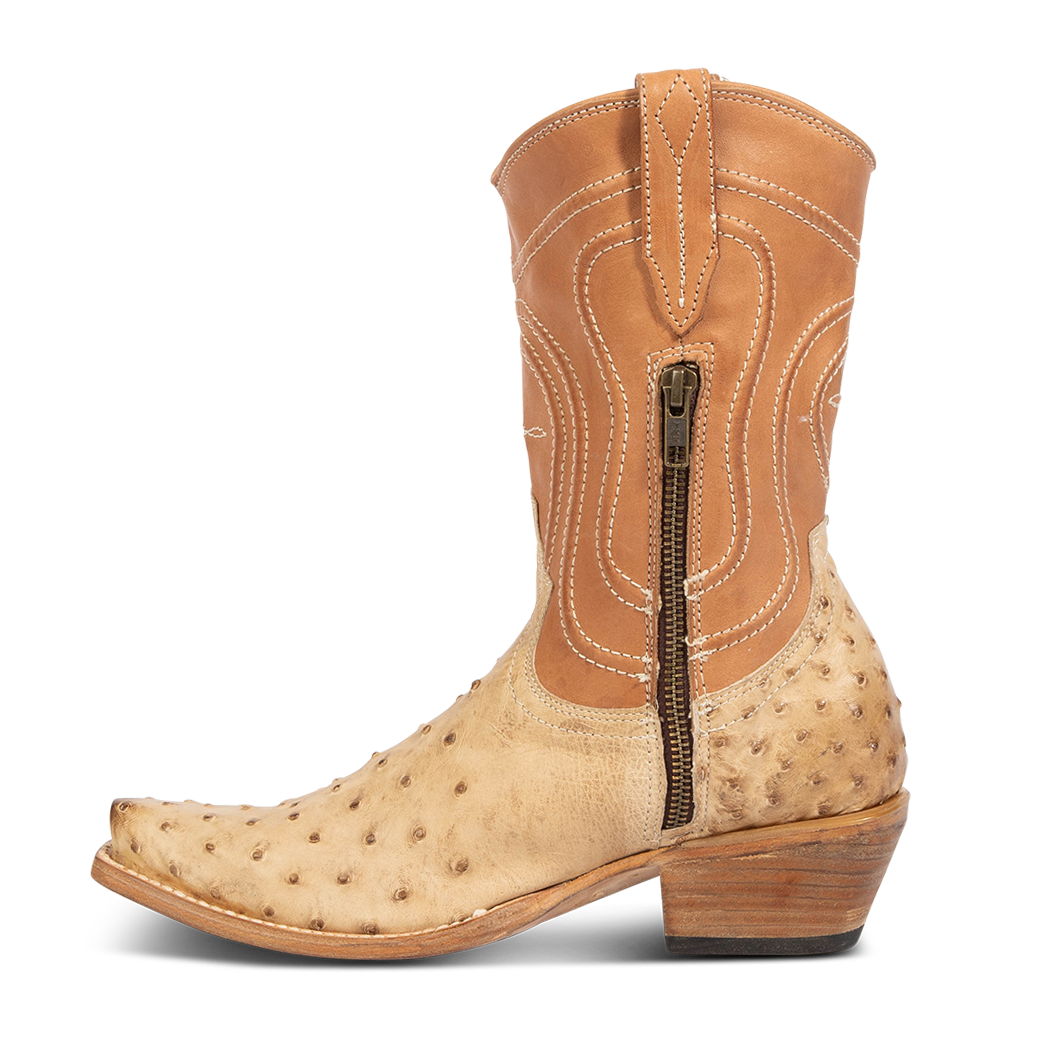 Inside view showing zip closure on FREEBIRD women's Weston beige ostrich multi exotic leather mid calf cowgirl mid calf boot