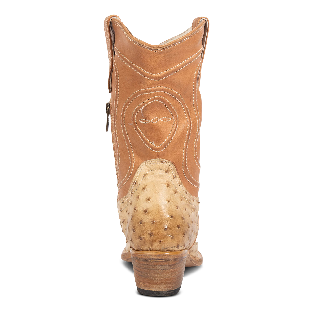 Back view showing low heel on FREEBIRD women's Weston beige ostrich multi exotic leather mid calf cowgirl mid calf boot