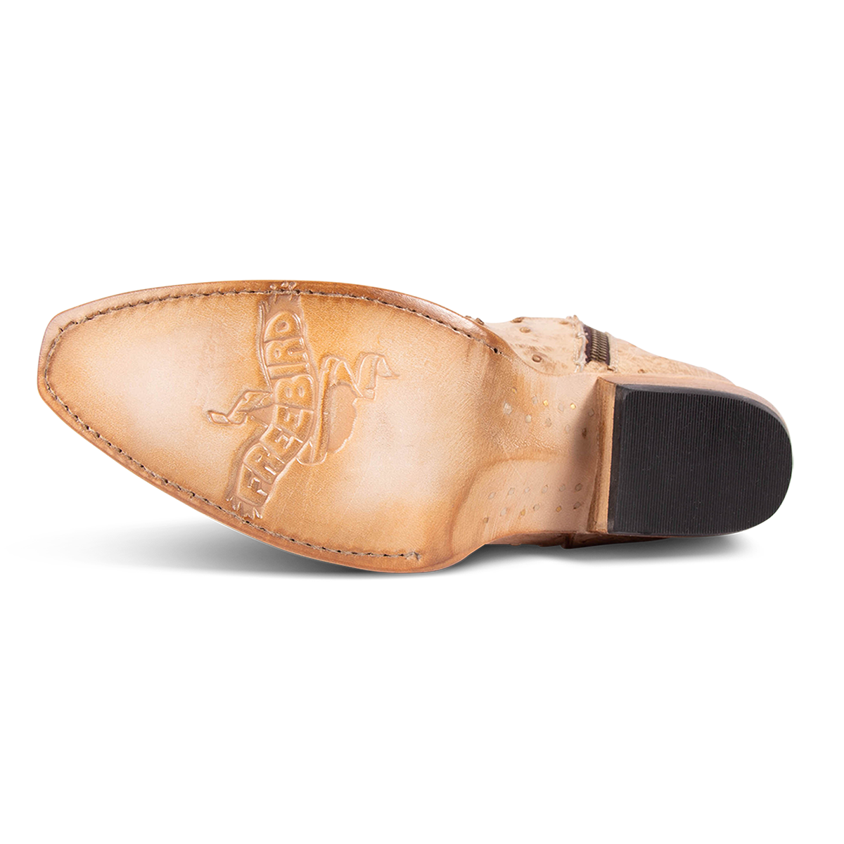 Leather sole imprinted with FREEBIRD on women's Warrick beige ostrich multi exotic leather cowgirl mid calf boot