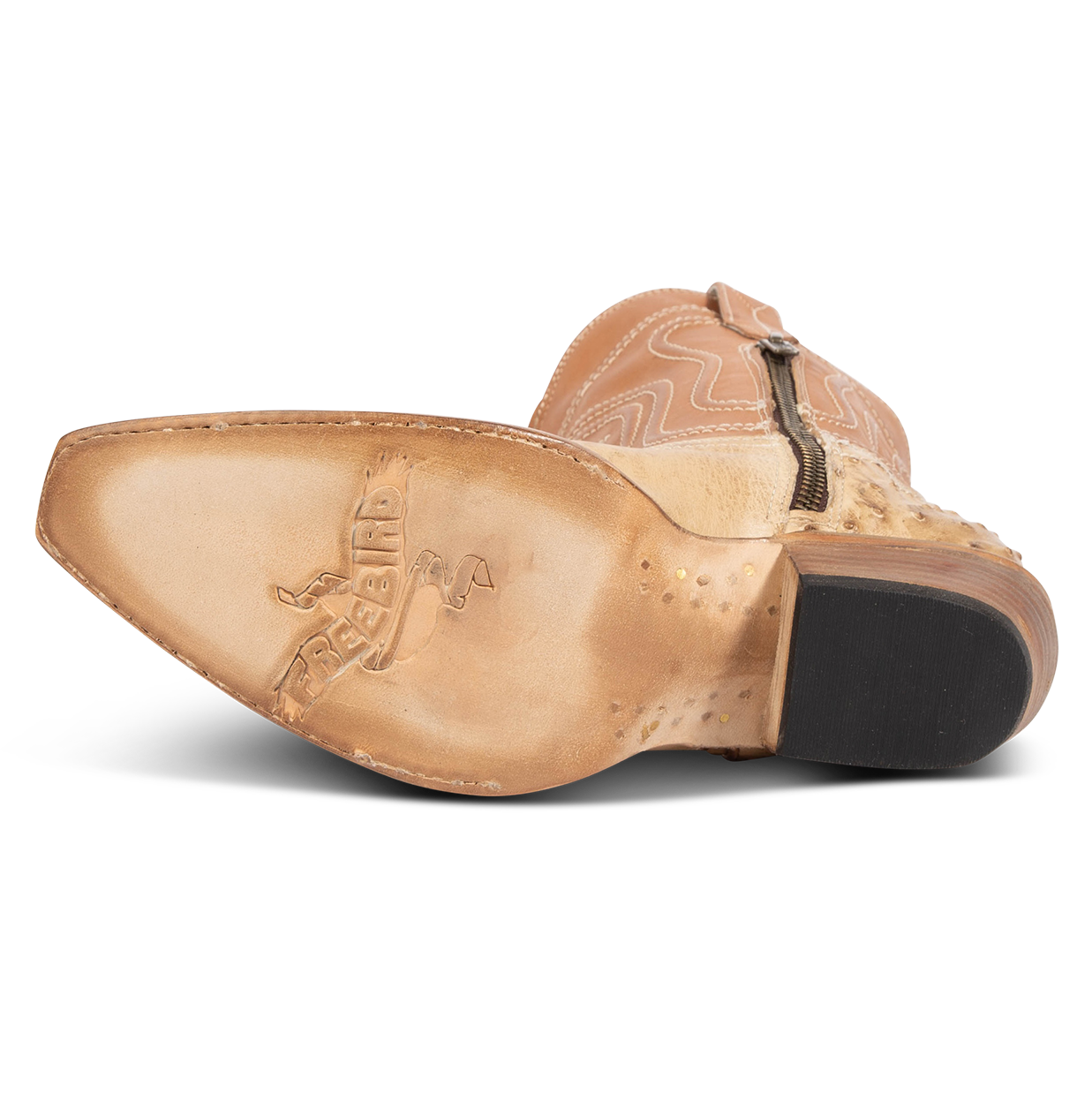 Leather sole imprinted with FREEBIRD on women's Warrick beige ostrich multi exotic leather cowgirl mid calf boot