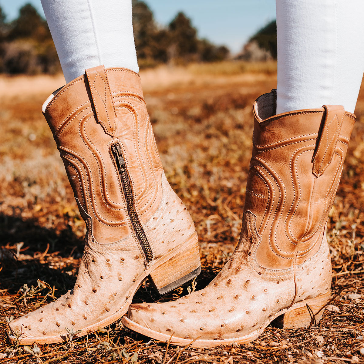 FREEBIRD women's Warrick beige ostrich multi exotic leather western cowgirl mid calf boot