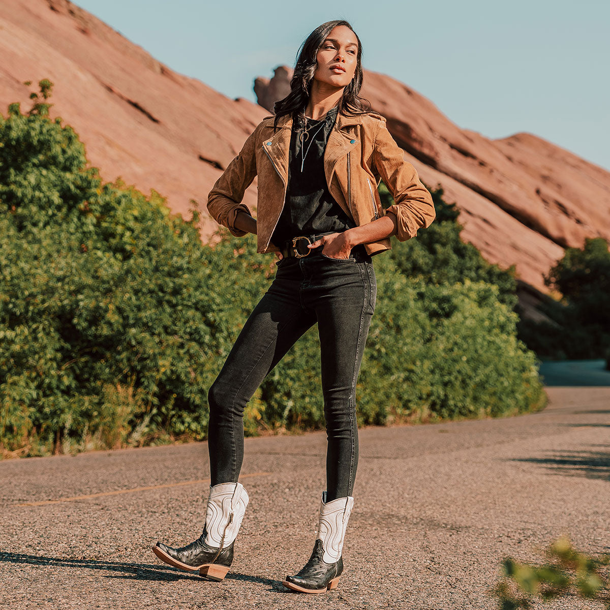 FREEBIRD women's Warrick black ostrich multi exotic leather western cowgirl mid calf boot lifestyle image