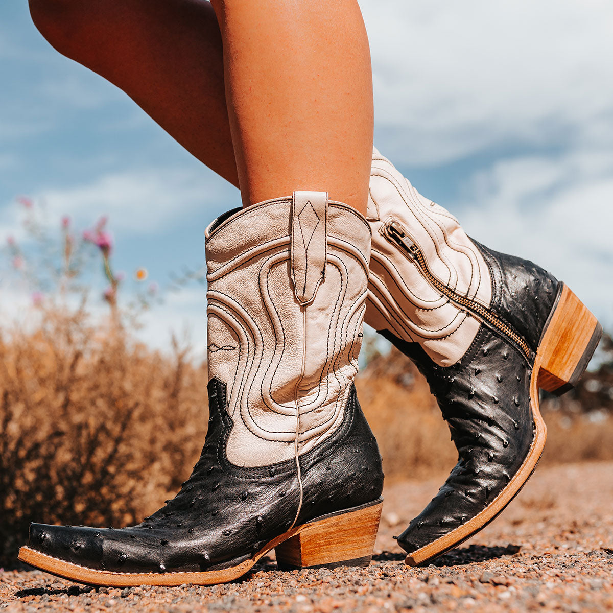 FREEBIRD women's Warrick black ostrich multi exotic leather western cowgirl mid calf boot