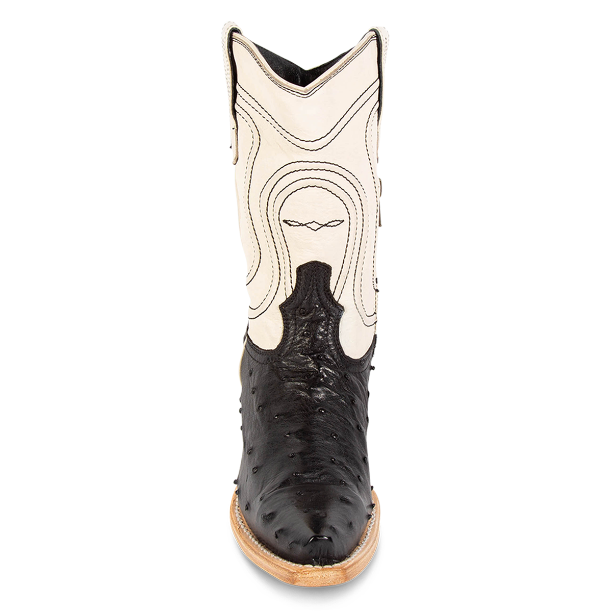 Front view showing western crown and stitch detailing on FREEBIRD women's Weston black ostrich multi exotic leather mid calf cowgirl mid calf boot