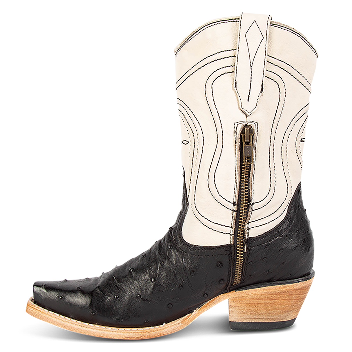 Inside view showing zip closure on FREEBIRD women's Weston black ostrich multi exotic leather mid calf cowgirl mid calf boot