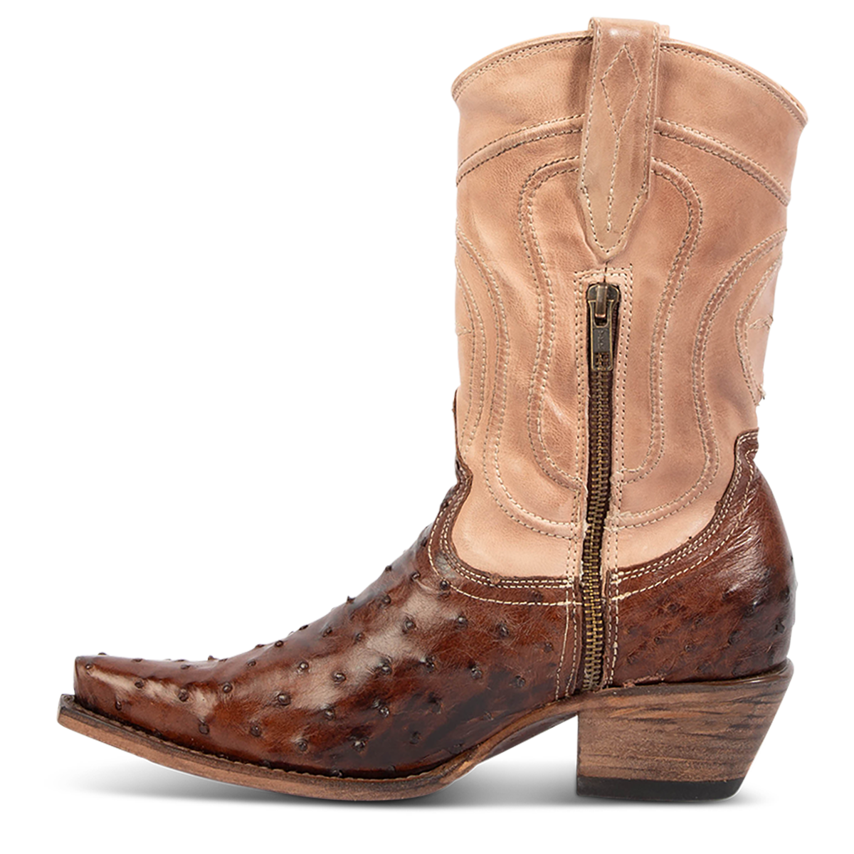 Inside view showing zip closure on FREEBIRD women's Weston brown ostrich multi exotic leather mid calf cowgirl mid calf boot