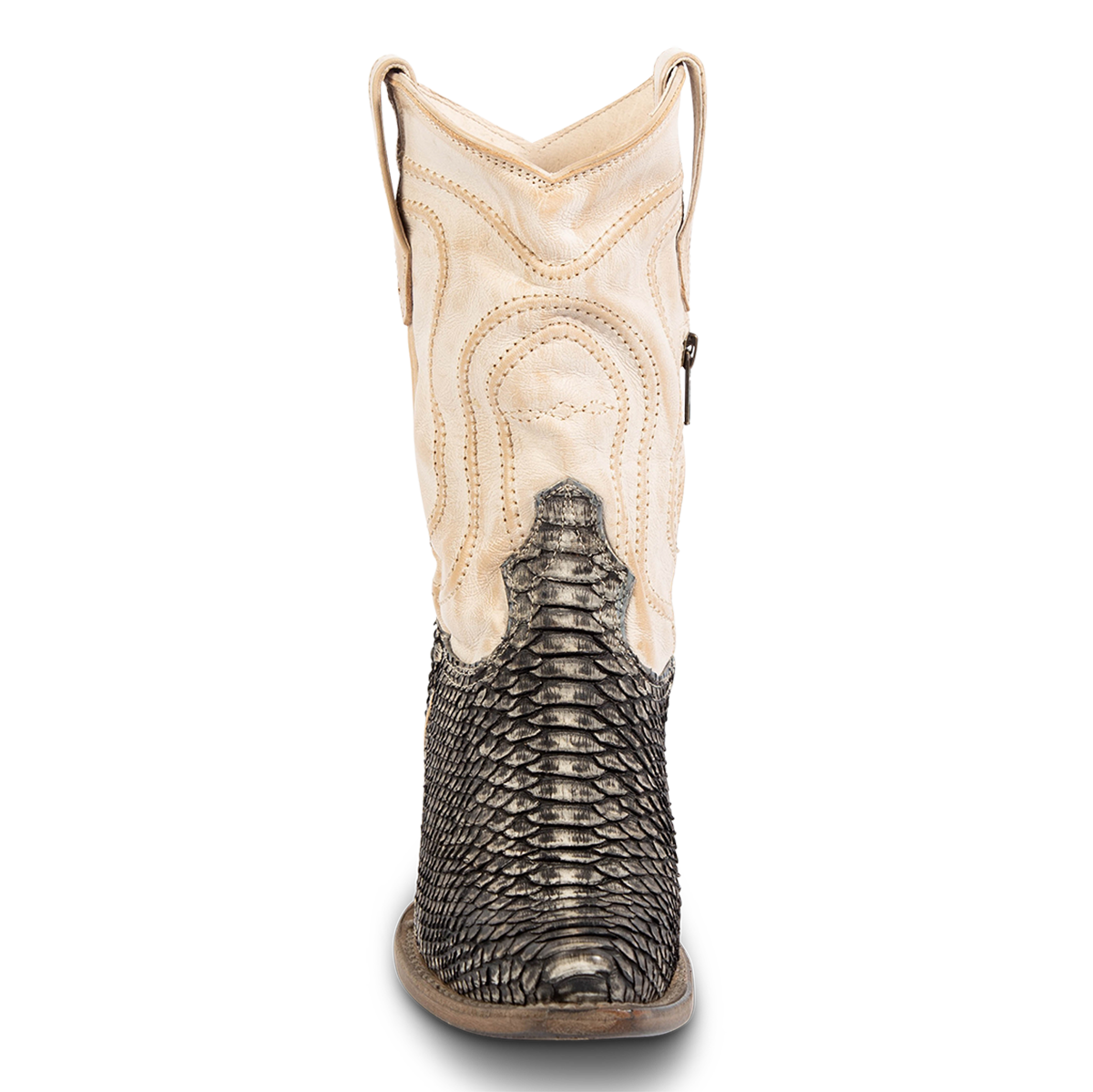Front view showing FREEBIRD women's Warrick grey python multi exotic leather western cowgirl mid calf boot