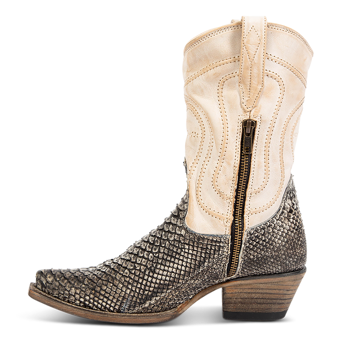 Inside view showing working brass zip closure on FREEBIRD women's Warrick grey python multi exotic leather western cowgirl mid calf boot