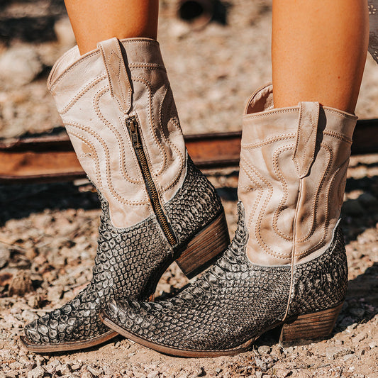 FREEBIRD women's Warrick grey python multi exotic leather western cowgirl mid calf boot