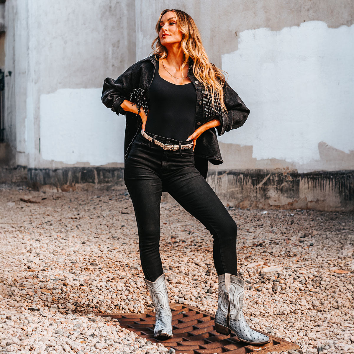 FREEBIRD women's Warrick ice ostrich multi exotic leather western cowgirl mid calf boot lifestyle image