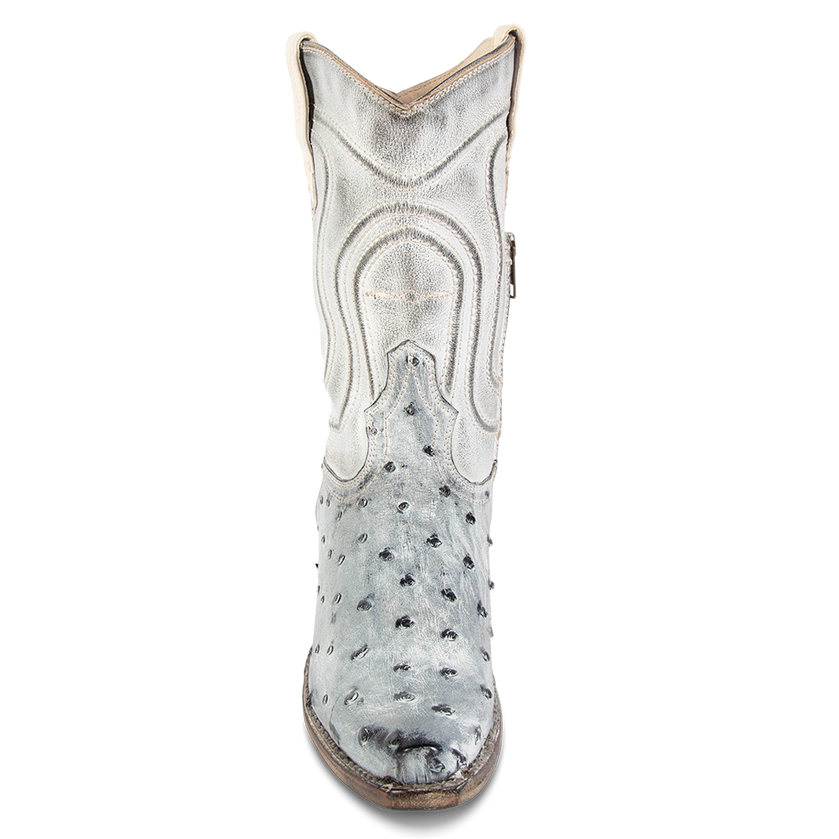 Front view showing western crown and stitch detailing on FREEBIRD women's Weston ice ostrich multi exotic leather mid calf cowgirl mid calf boot
