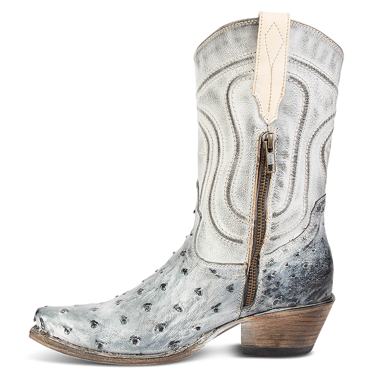 Inside view showing zip closure on FREEBIRD women's Weston ice ostrich multi exotic leather mid calf cowgirl mid calf boot