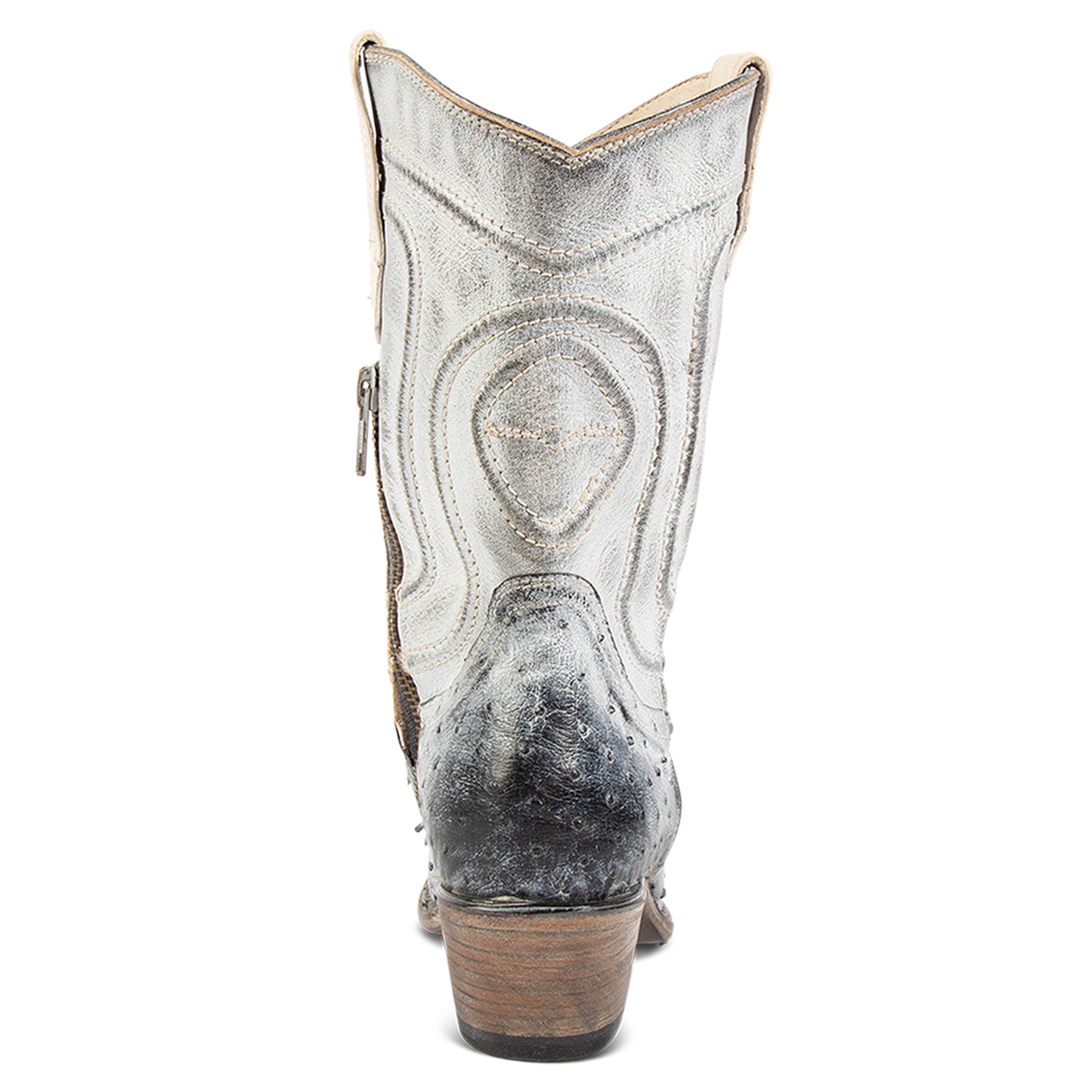 Back view showing low heel on FREEBIRD women's Weston ice ostrich multi exotic leather mid calf cowgirl mid calf boot