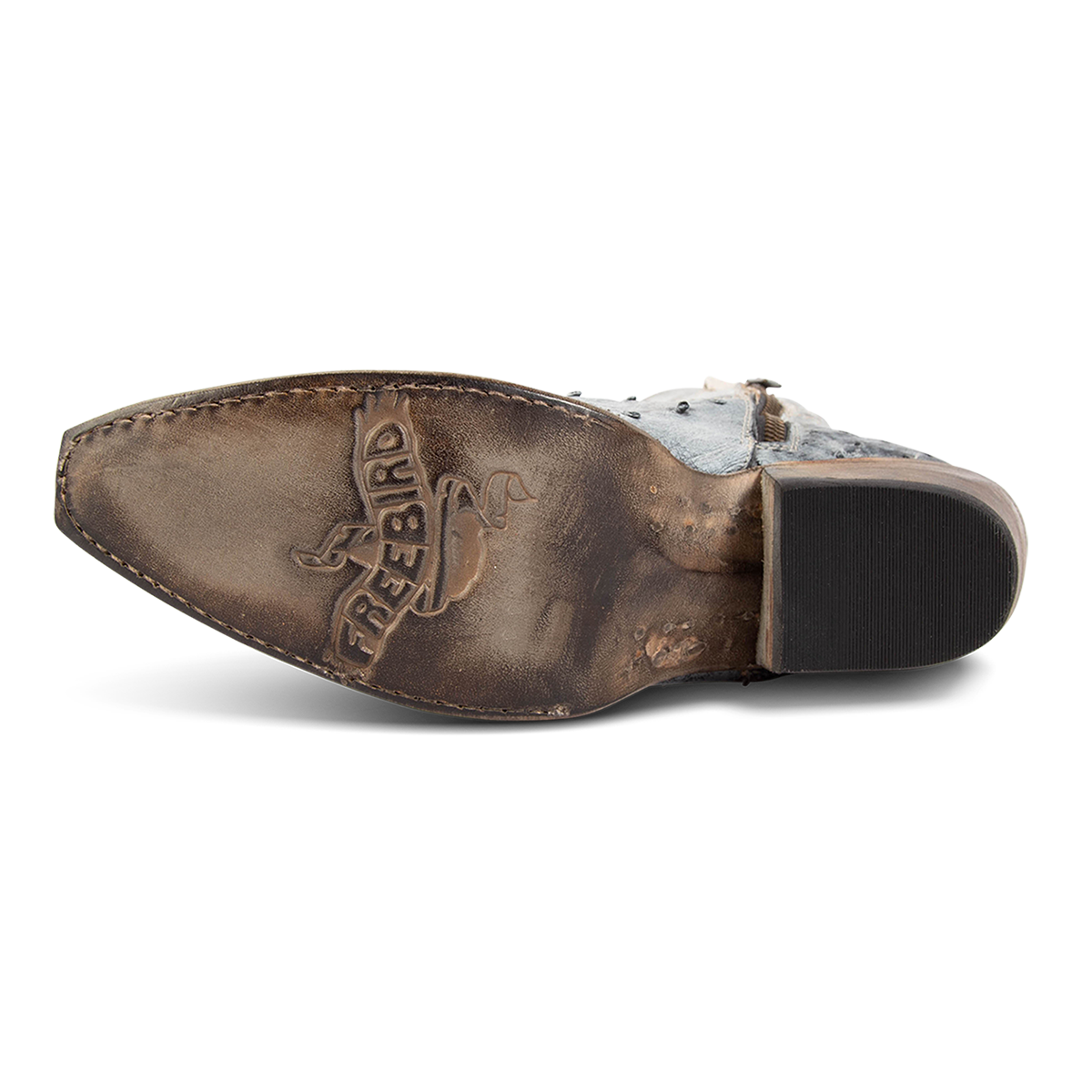 Leather sole imprinted with FREEBIRD on women's Warrick ice ostrich multi exotic leather cowgirl mid calf boot