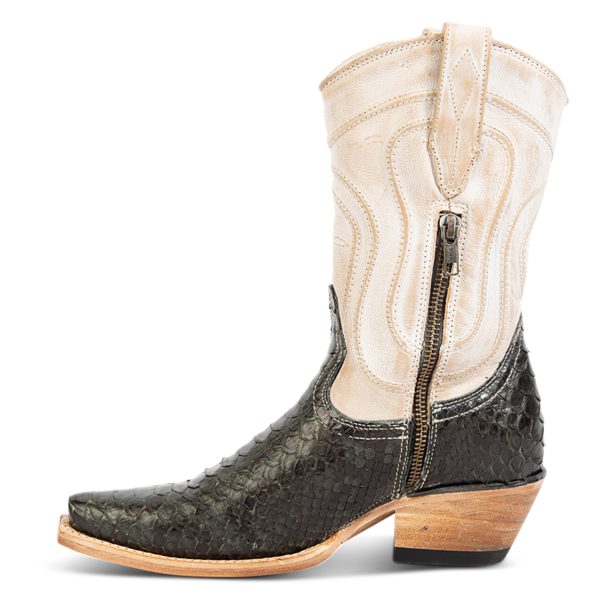 Inside view showing working brass zipper on FREEBIRD women's Warrick olive python multi exotic leather western cowgirl mid calf boot