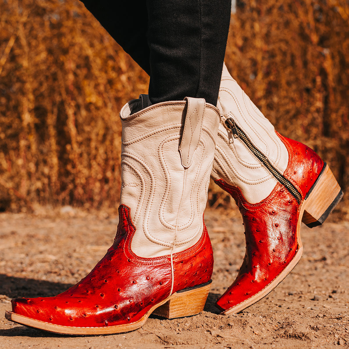 FREEBIRD women's Warrick red ostrich multi exotic leather western cowgirl mid calf boot