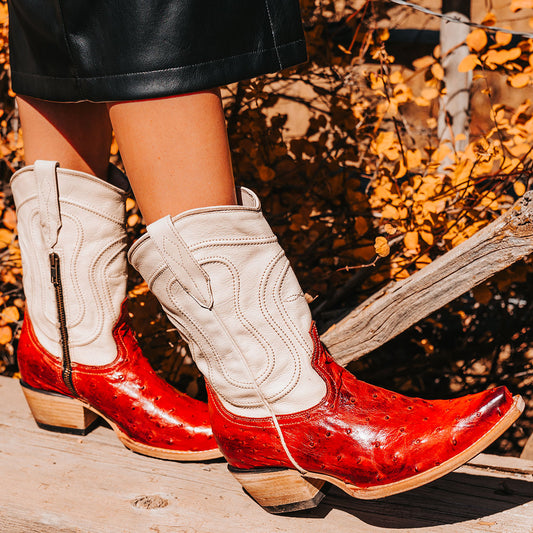 FREEBIRD women's Warrick red ostrich multi exotic leather western cowgirl mid calf boot