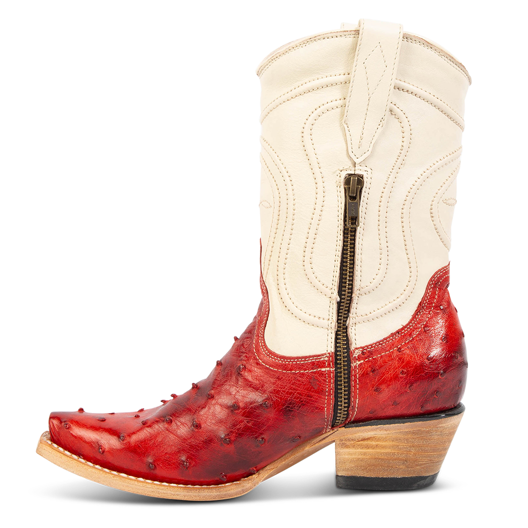 Inside view showing zip closure on FREEBIRD women's Weston red ostrich multi exotic leather mid calf cowgirl mid calf boot