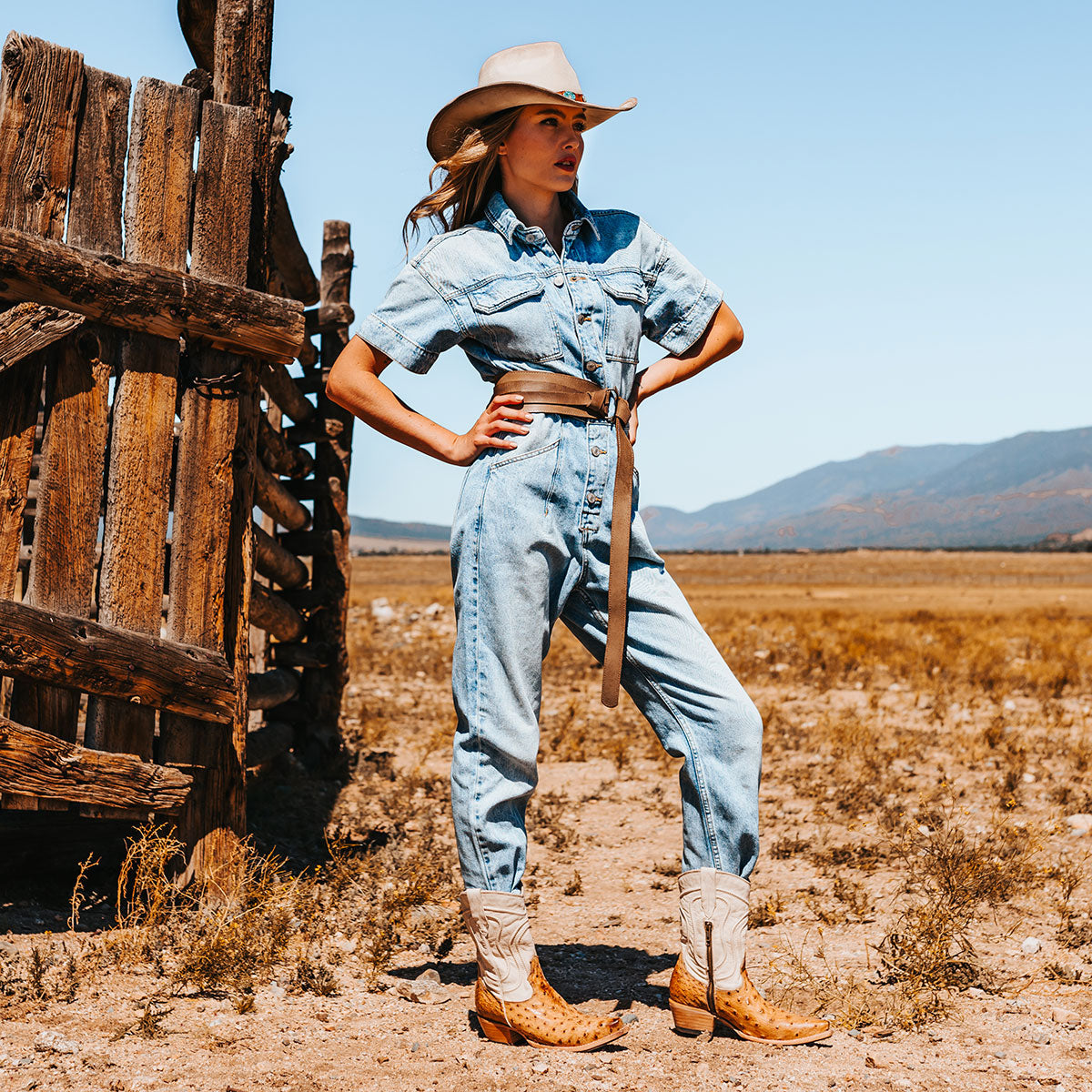 FREEBIRD women's Warrick tan ostrich multi exotic leather western cowgirl mid calf boot lifestyle image