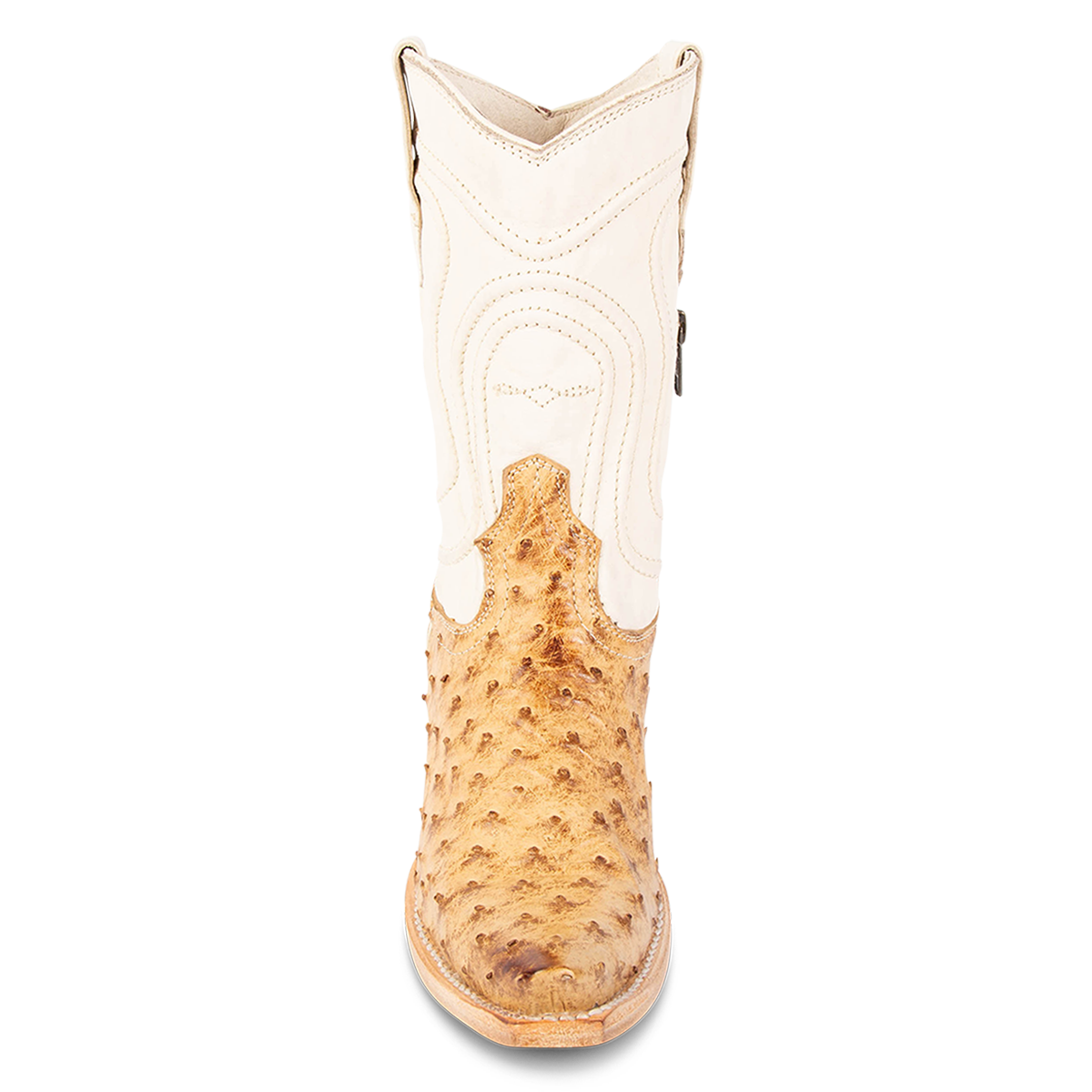 Front view showing western crown and stitch detailing on FREEBIRD women's Weston tan ostrich multi exotic leather mid calf cowgirl mid calf boot