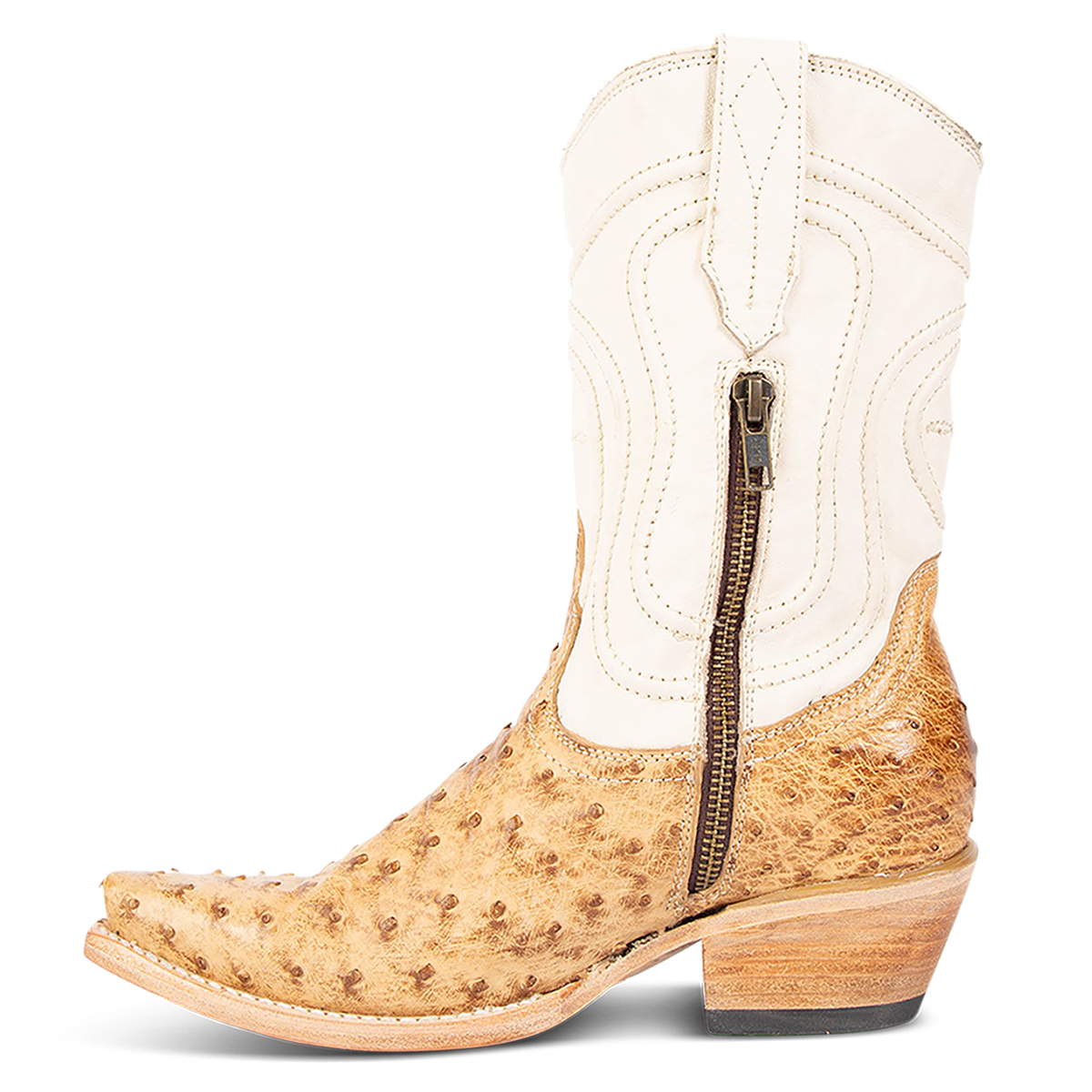 Inside view showing zip closure on FREEBIRD women's Weston tan ostrich multi exotic leather mid calf cowgirl mid calf boot