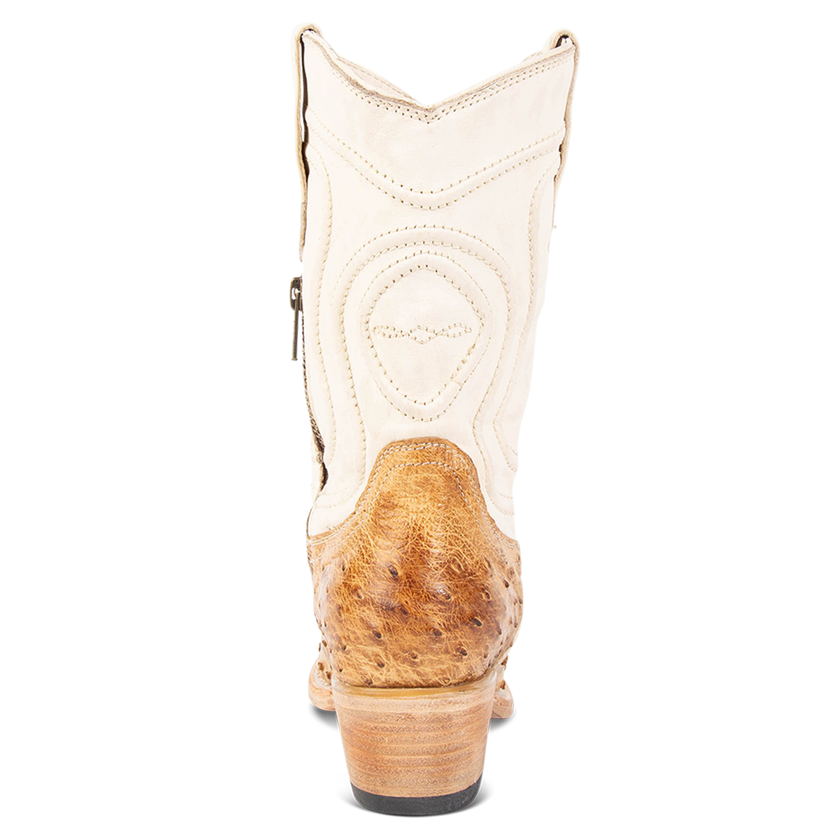 Back view showing low heel on FREEBIRD women's Weston tan ostrich multi exotic leather mid calf cowgirl mid calf boot