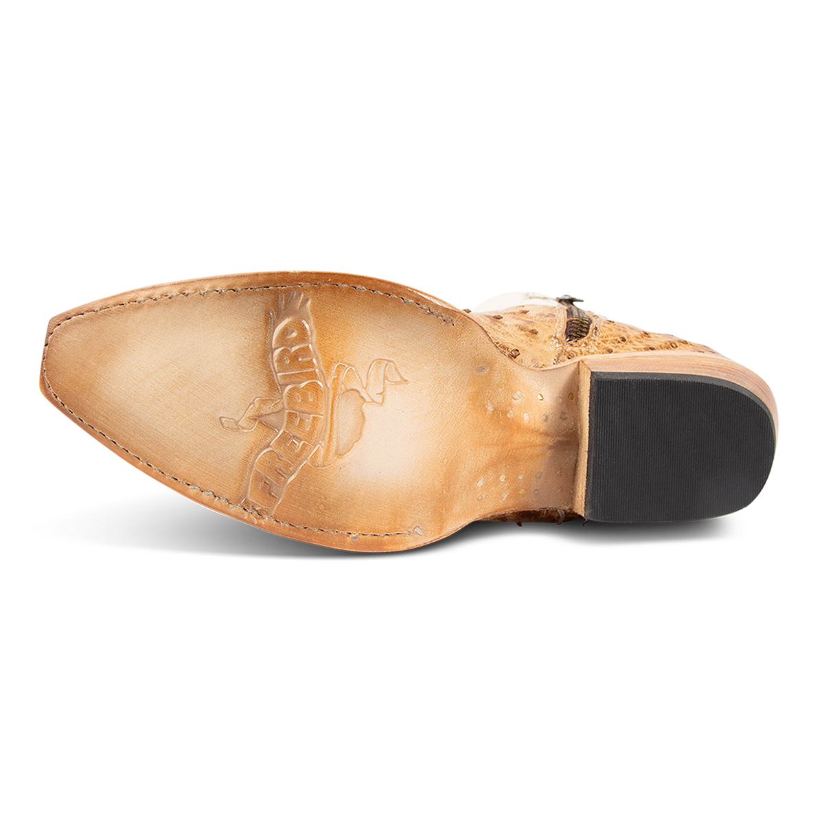 Leather sole imprinted with FREEBIRD on women's Warrick tan ostrich multi exotic leather cowgirl mid calf boot