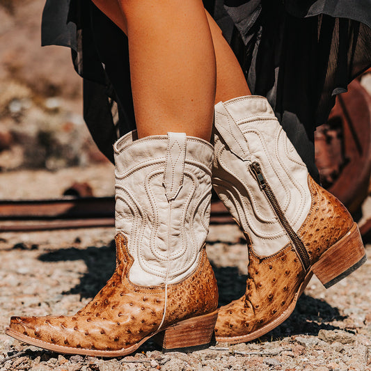 FREEBIRD women's Warrick tan ostrich multi exotic leather western cowgirl mid calf boot