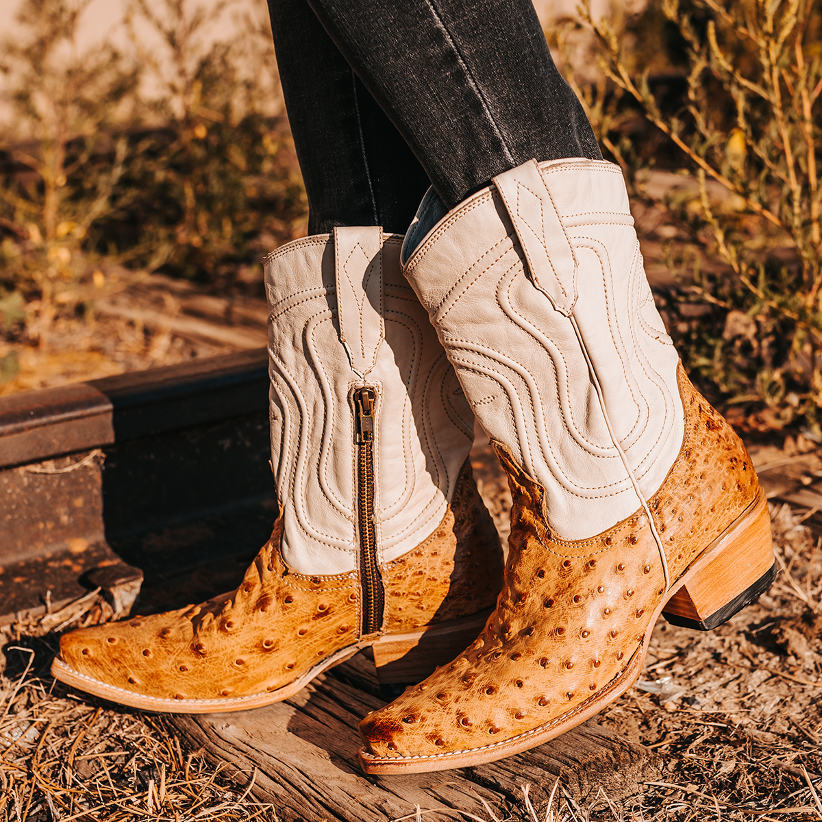 FREEBIRD women's Warrick tan ostrich multi exotic leather western cowgirl mid calf boot