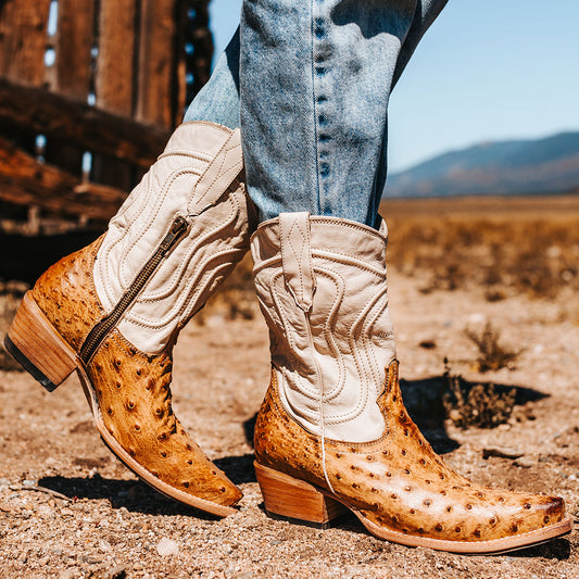 FREEBIRD women's Warrick tan ostrich multi exotic leather western cowgirl mid calf boot