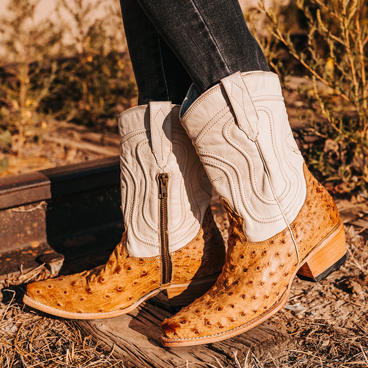 FREEBIRD women's Warrick tan ostrich multi exotic leather western cowgirl mid calf boot