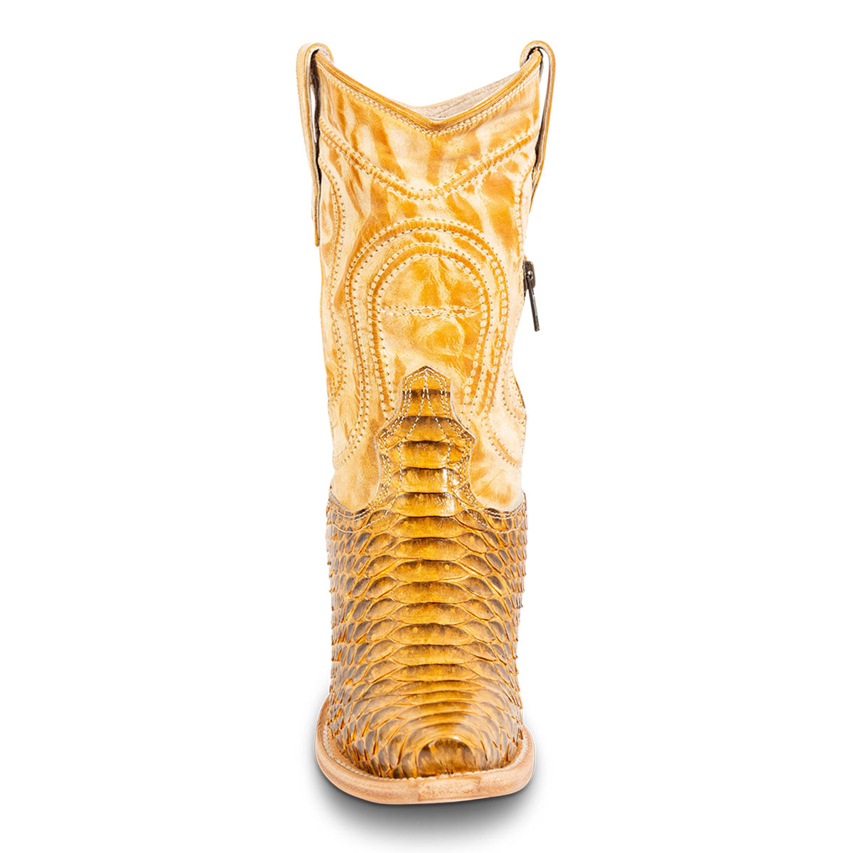 Front view showing FREEBIRD women's Warrick yellow python multi exotic leather western cowgirl mid calf boot