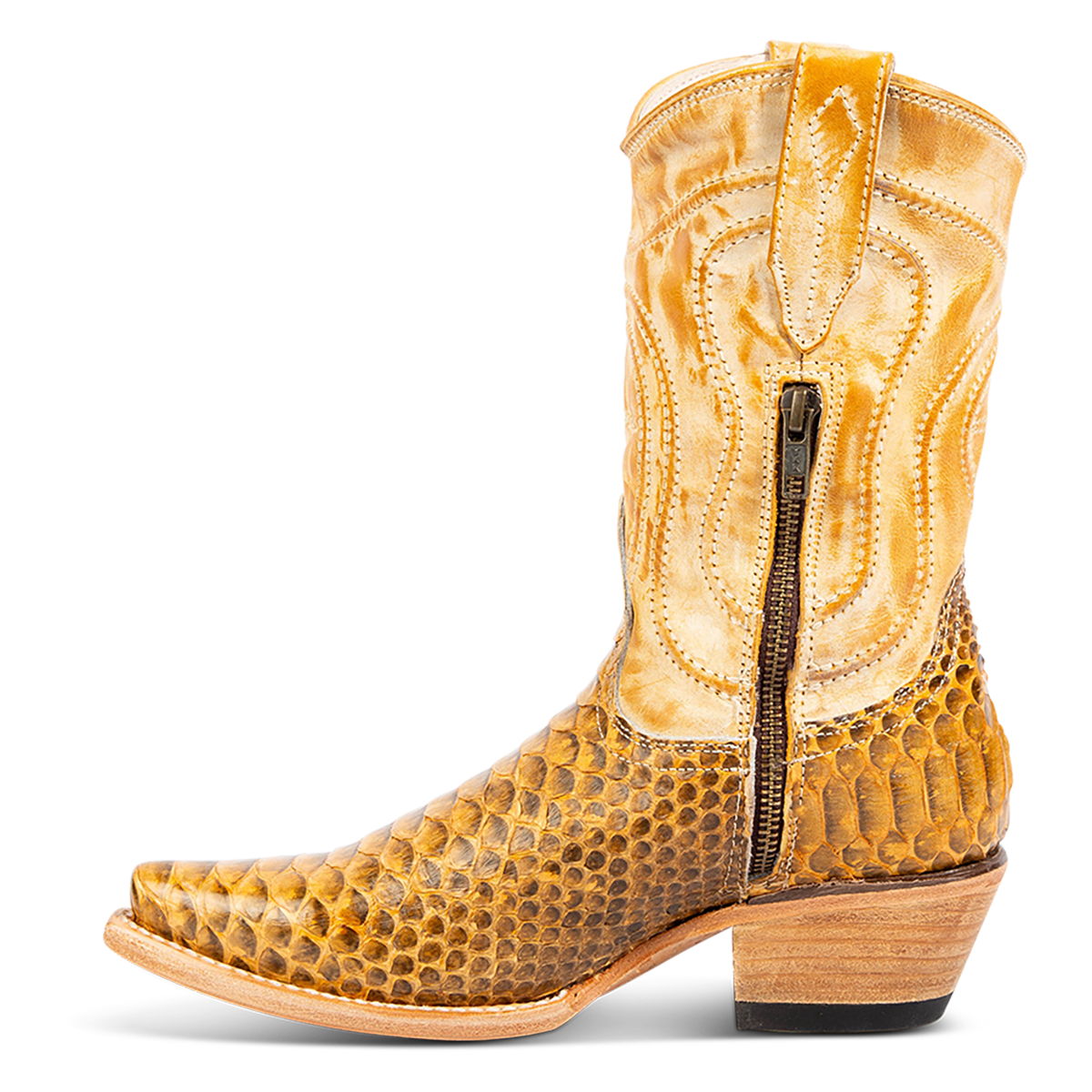Inside view showing working brass zipper on FREEBIRD women's Warrick yellow python multi exotic leather western cowgirl mid calf boot