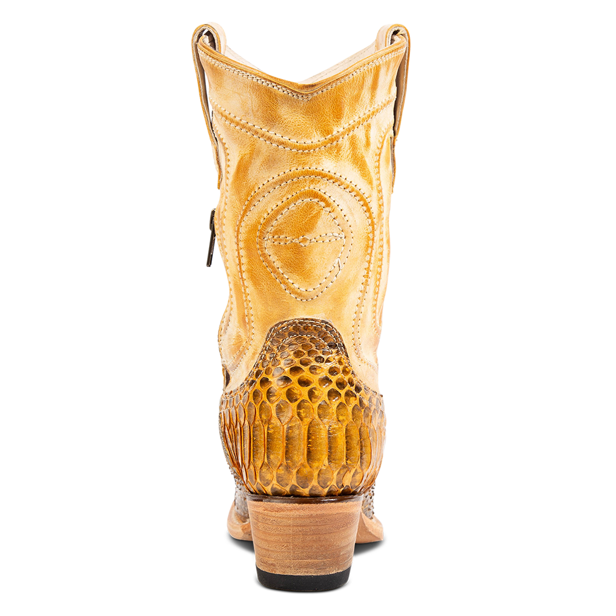 Back view showing FREEBIRD women's Warrick yellow python multi exotic leather western cowgirl mid calf boot
