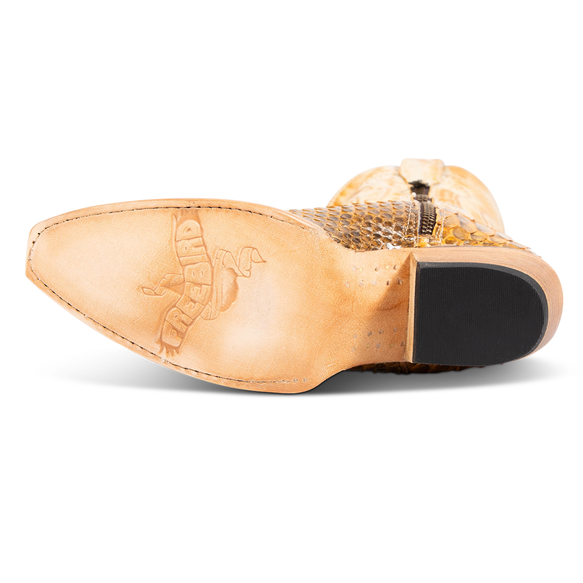 Leather sole imprinted with FREEBIRD on FREEBIRD women's Warrick yellow python multi exotic leather western cowgirl mid calf boot