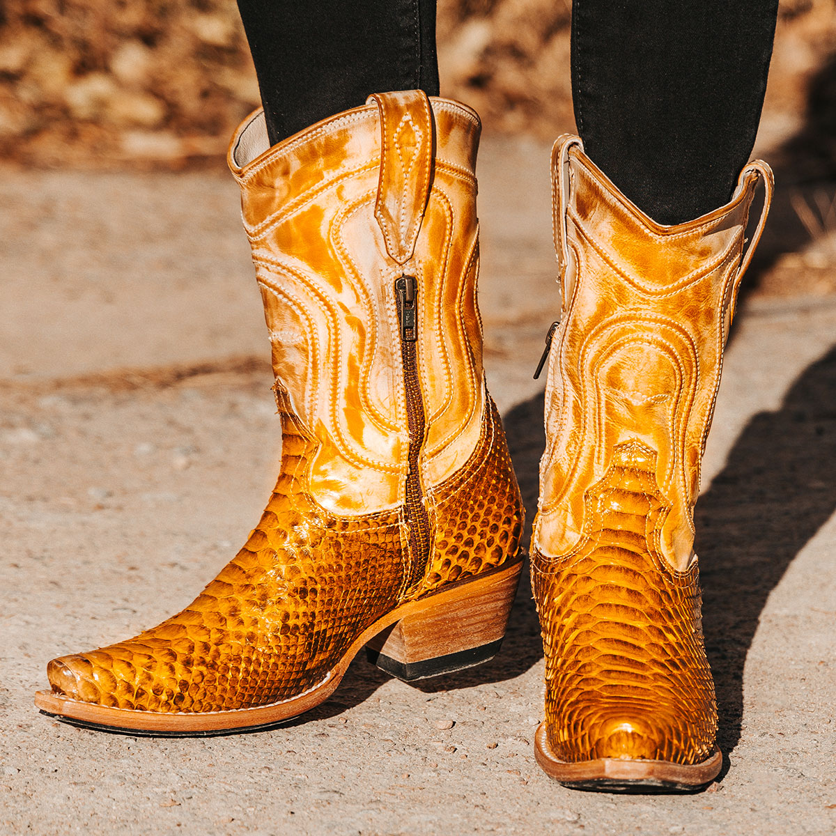 FREEBIRD women's Warrick yellow python multi exotic leather western cowgirl mid calf boot