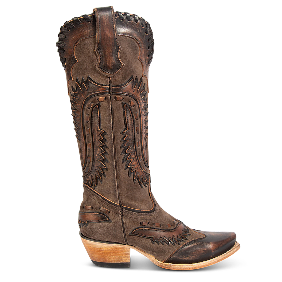 FREEBIRD women's Wayne black multi leather western mid-calf boot with whip-stitch and laser cut detailing, a snip toe and inside working brass zipper