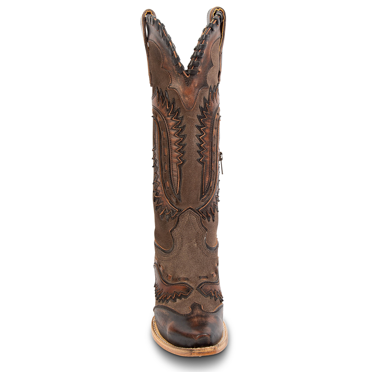 Front view showing FREEBIRD women's Wayne black multi leather western mid-calf boot with whip-stitch and laser cut detailing, a snip toe and inside working brass zipper
