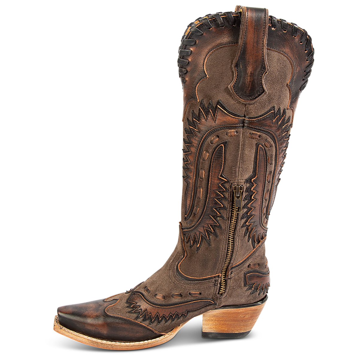 Inside view showing FREEBIRD women's Wayne black multi leather western mid-calf boot with whip-stitch and laser cut detailing, a snip toe and inside working brass zipper