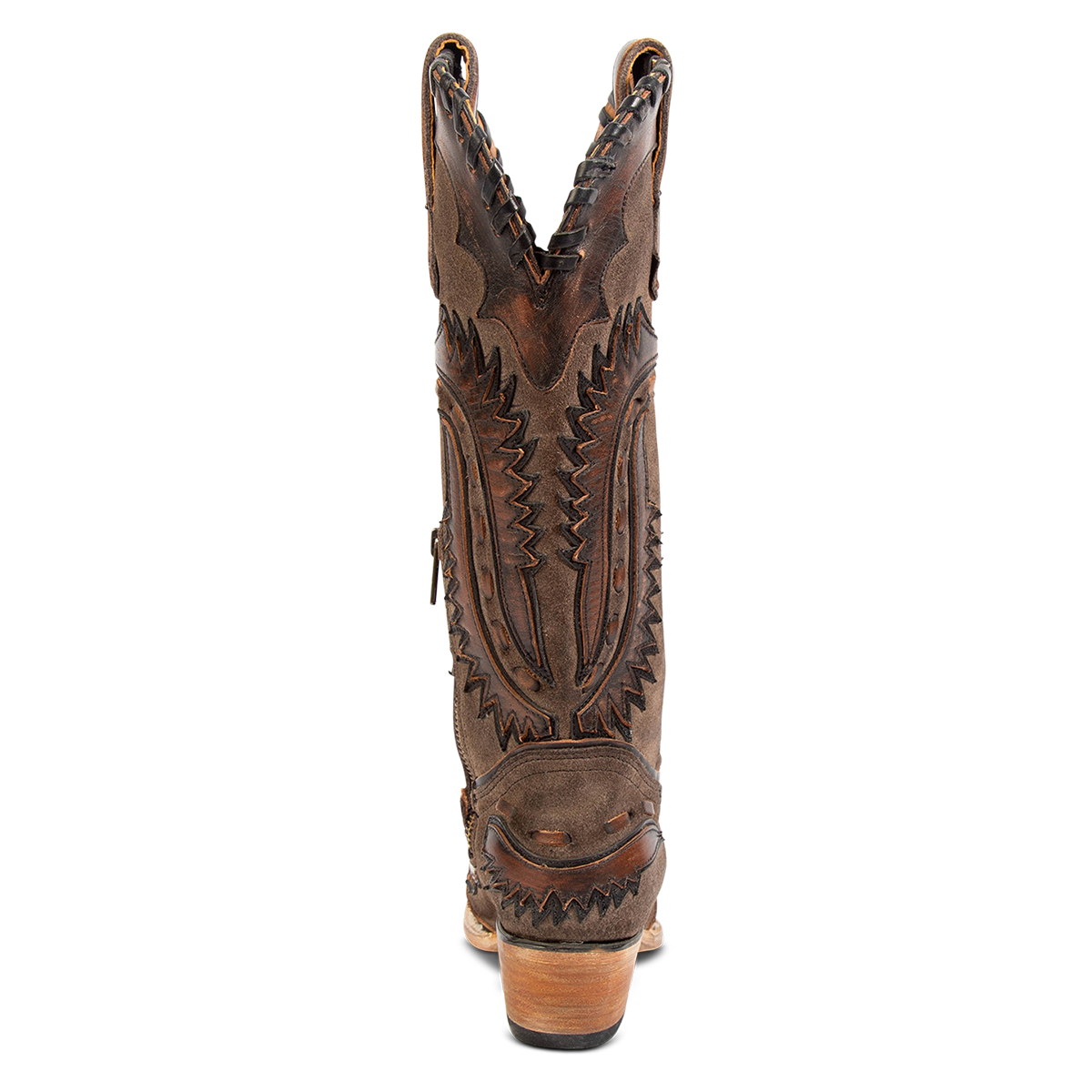 Back view showing FREEBIRD women's Wayne black multi leather western mid-calf boot with whip-stitch and laser cut detailing, a snip toe and inside working brass zipper